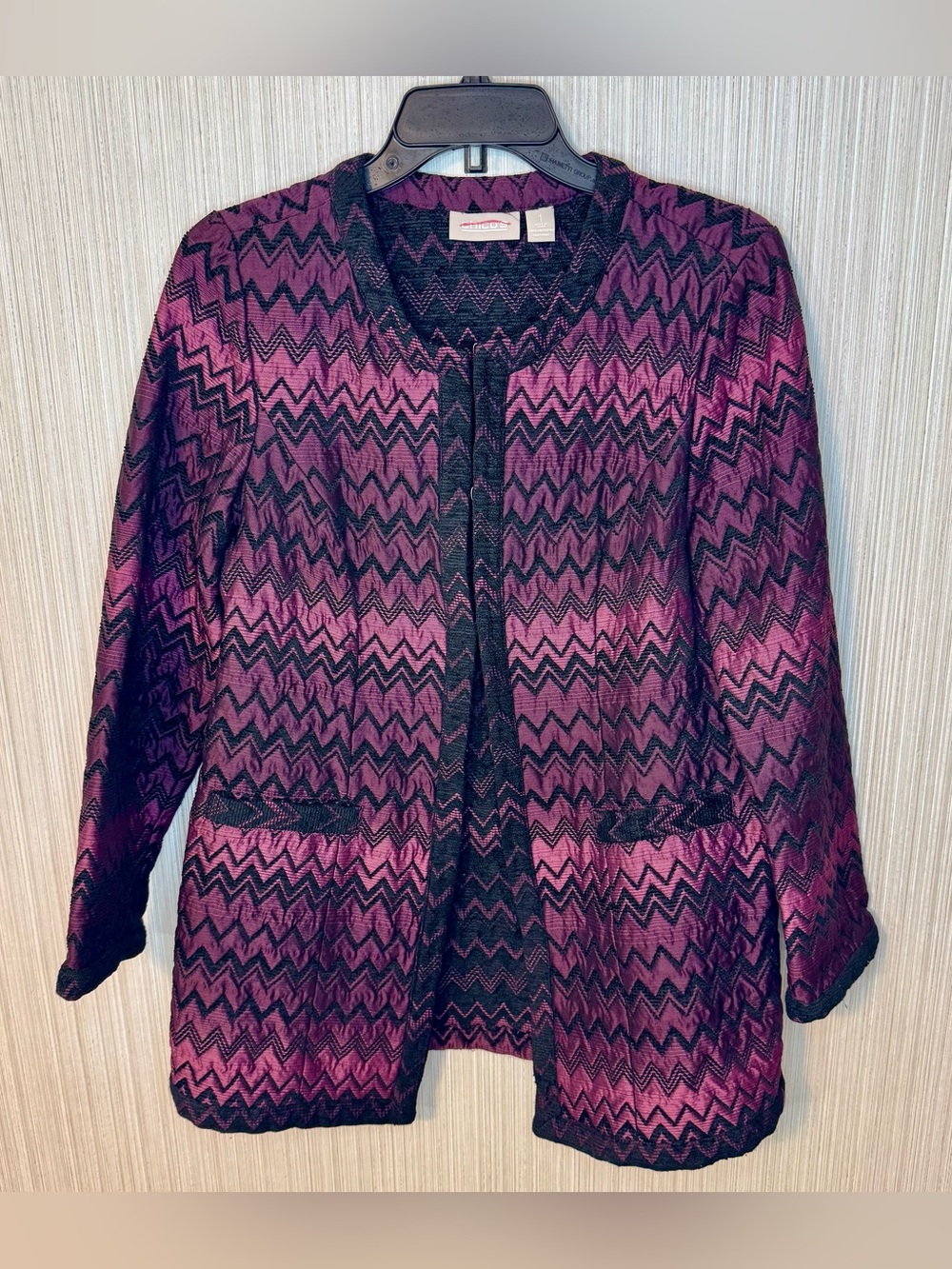 Chico's purple and black chevron-patterned jacquard weave long blazer jacket Med